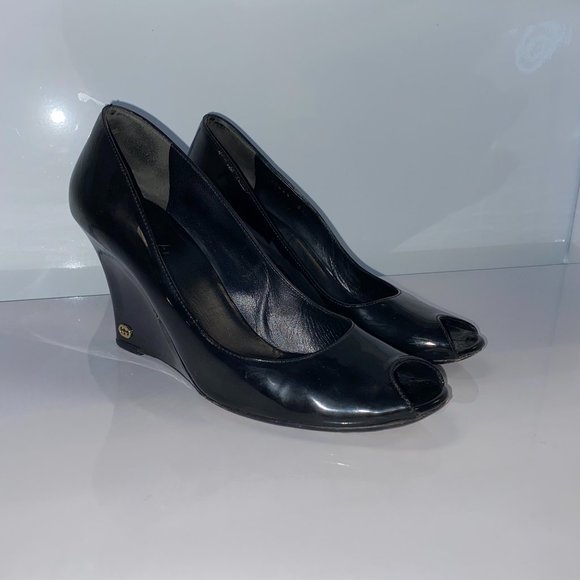 Gucci Patent Leather Peep Toe Wedges - Picture 1 of 5
